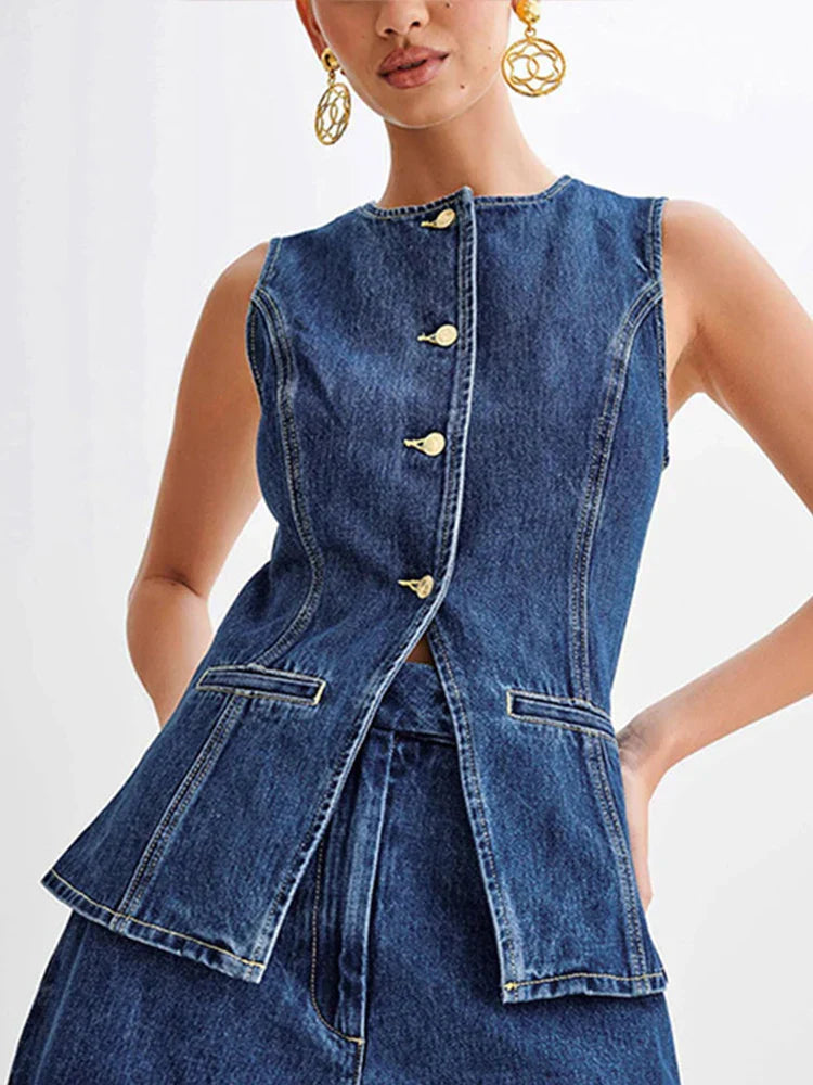 Denim O-neck Sleeveless Shorts Office Two Piece Set image 7