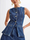 Denim O-neck Sleeveless Shorts Office Two Piece Set image 7