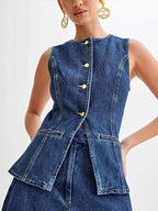 Denim O-neck Sleeveless Shorts Office Two Piece Set image 7