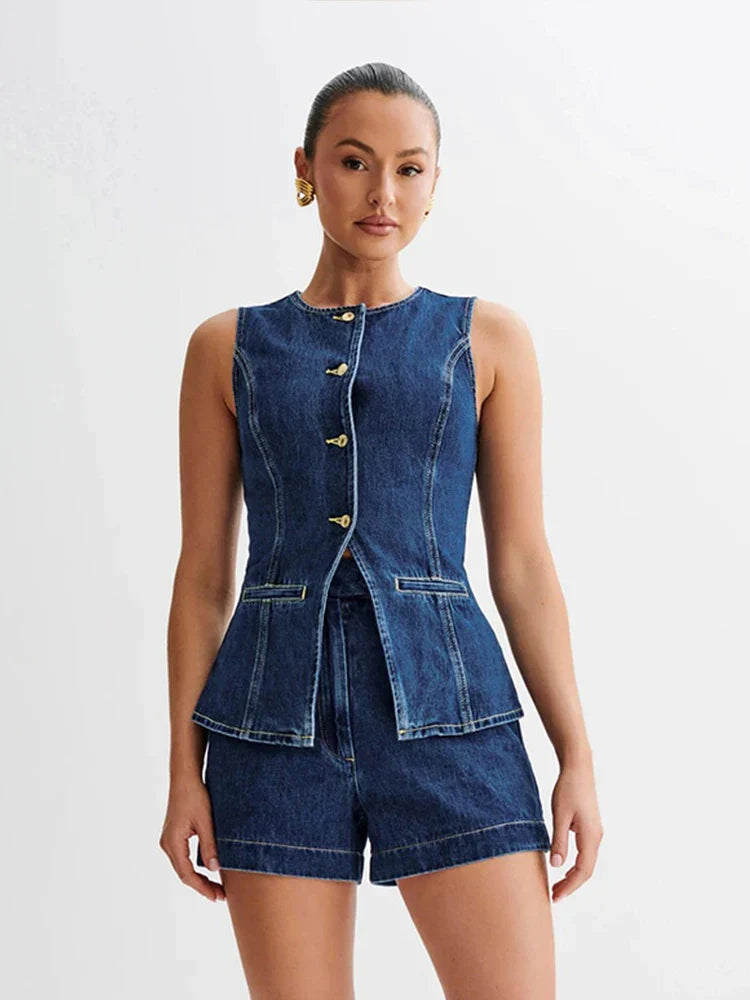 Denim O-neck Sleeveless Shorts Office Two Piece Set image 1