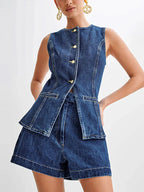 Denim O-neck Sleeveless Shorts Office Two Piece Set image 3