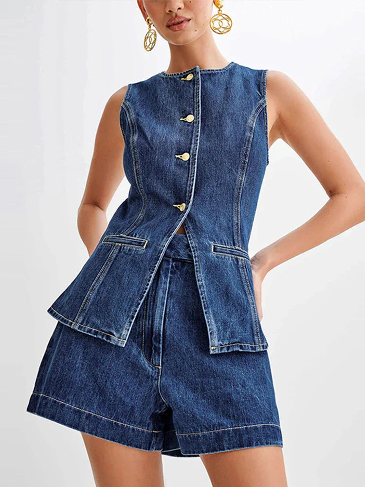Denim O-neck Sleeveless Shorts Office Two Piece Set image 3