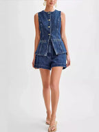 Denim O-neck Sleeveless Shorts Office Two Piece Set image 2