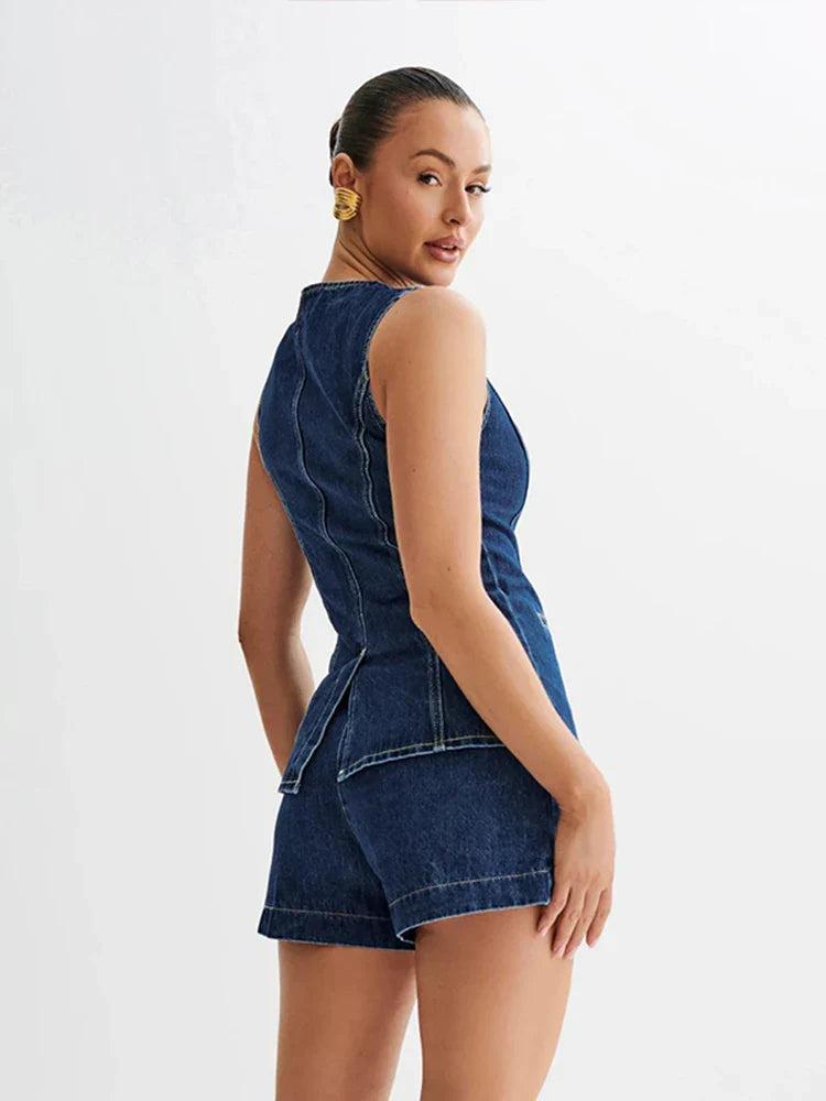 Denim O-neck Sleeveless Shorts Office Two Piece Set image 4