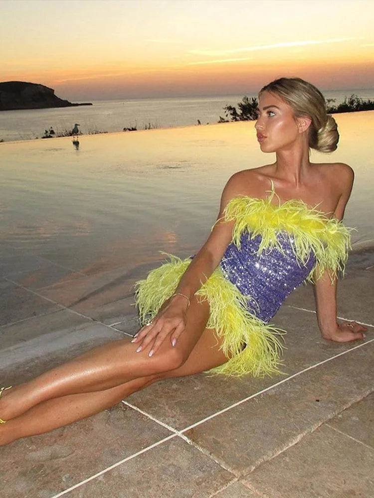 Feather Sequins Bodycon Mini Party Dress image 1