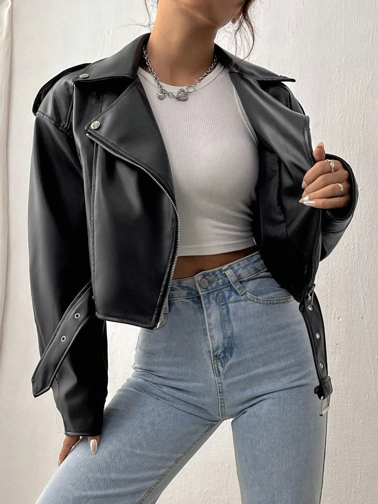 Spring Autumn Casual Lapel Zipper PU Leather High Street Motorcycle Jacket image 4