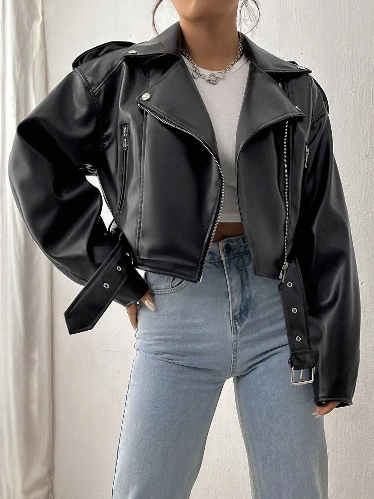 Spring Autumn Casual Lapel Zipper PU Leather High Street Motorcycle Jacket image 2