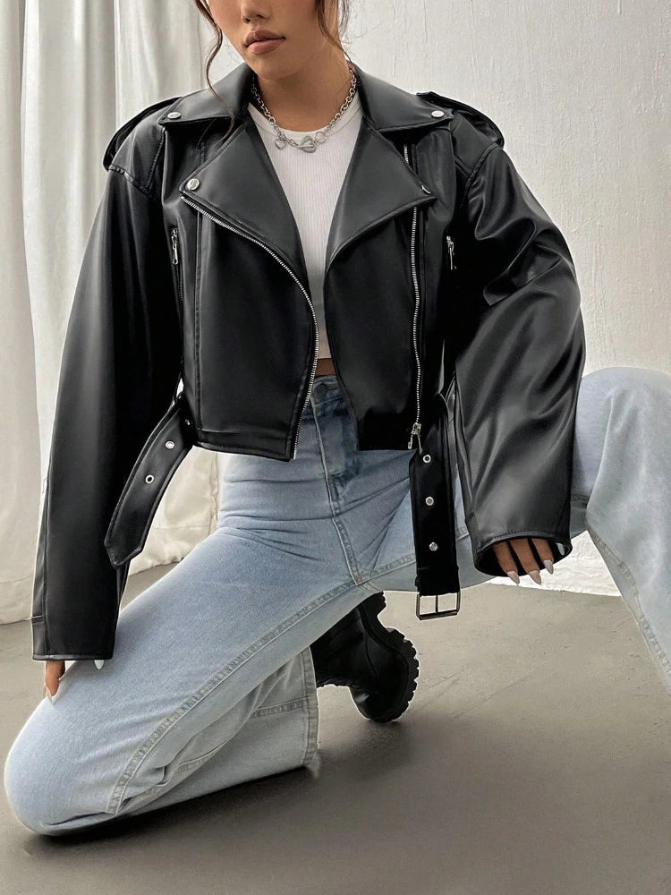 Spring Autumn Casual Lapel Zipper PU Leather High Street Motorcycle Jacket image 5