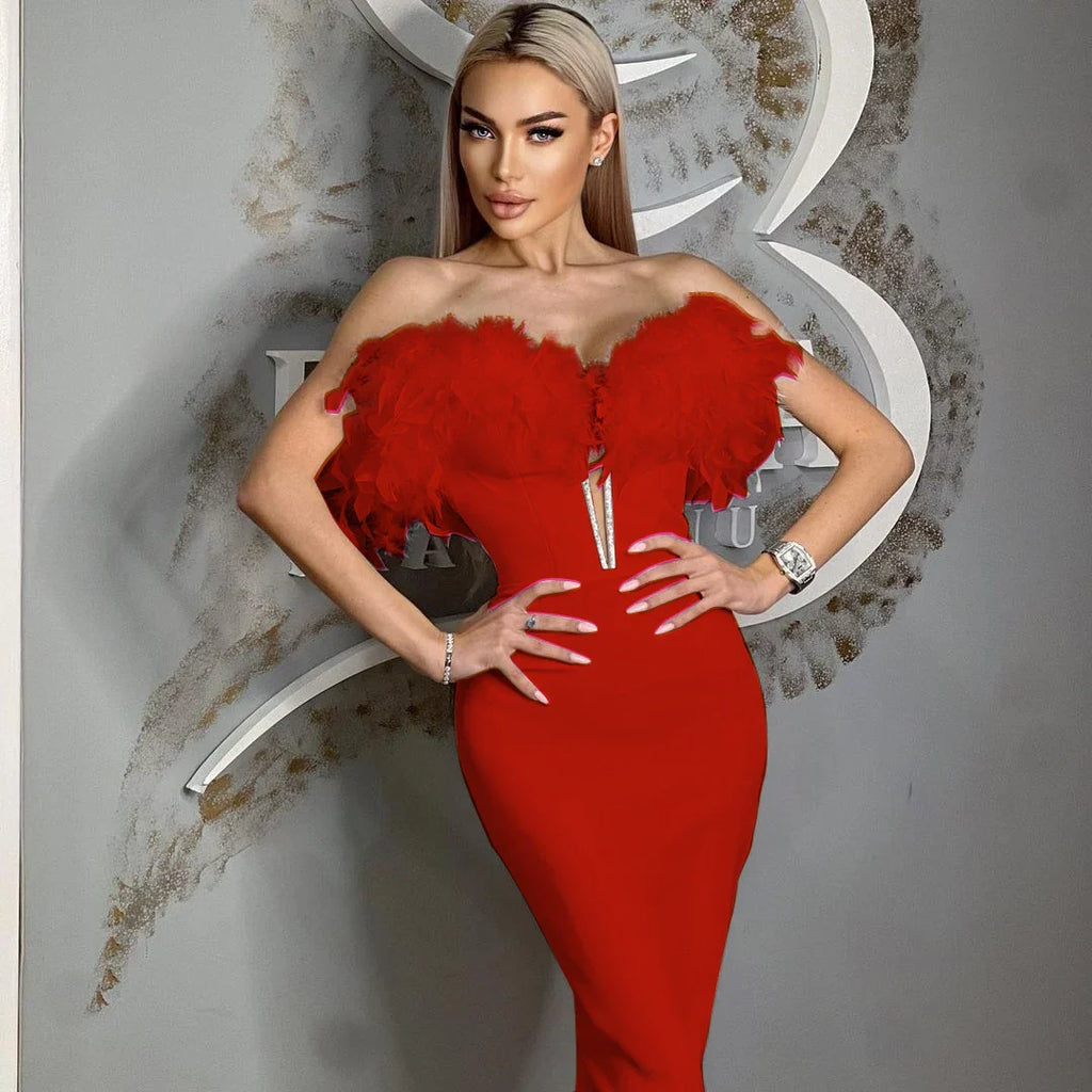 Feather Off-Shoulder Midi Party Dress image 1
