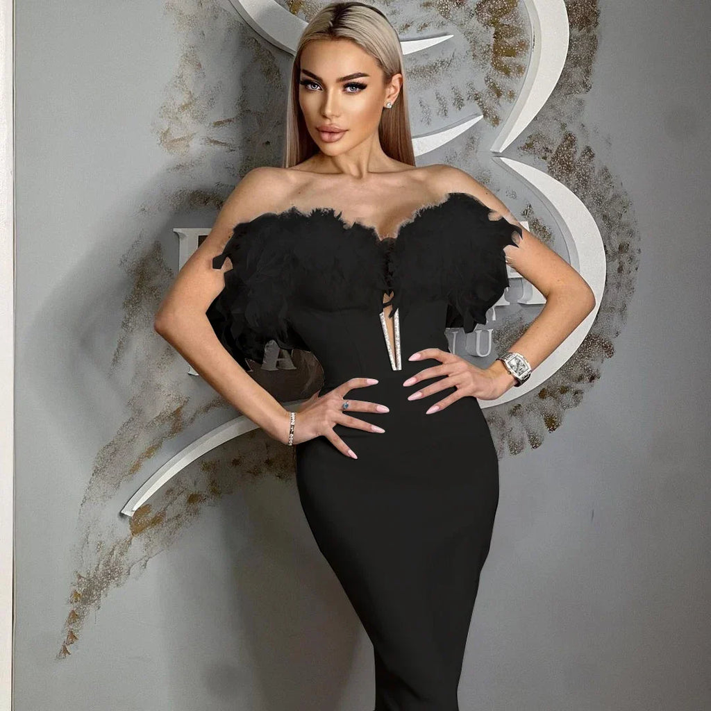 Feather Off-Shoulder Midi Party Dress image 2