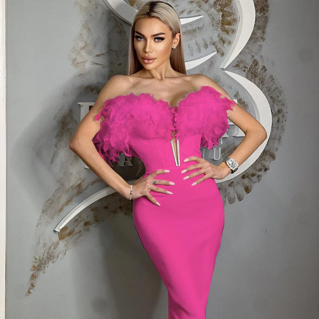 Feather Off-Shoulder Midi Party Dress image 4