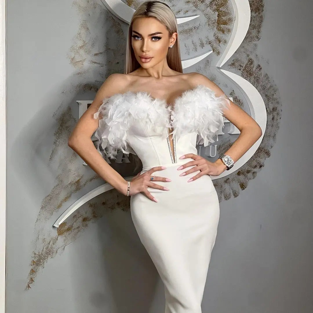 Feather Off-Shoulder Midi Party Dress image 3