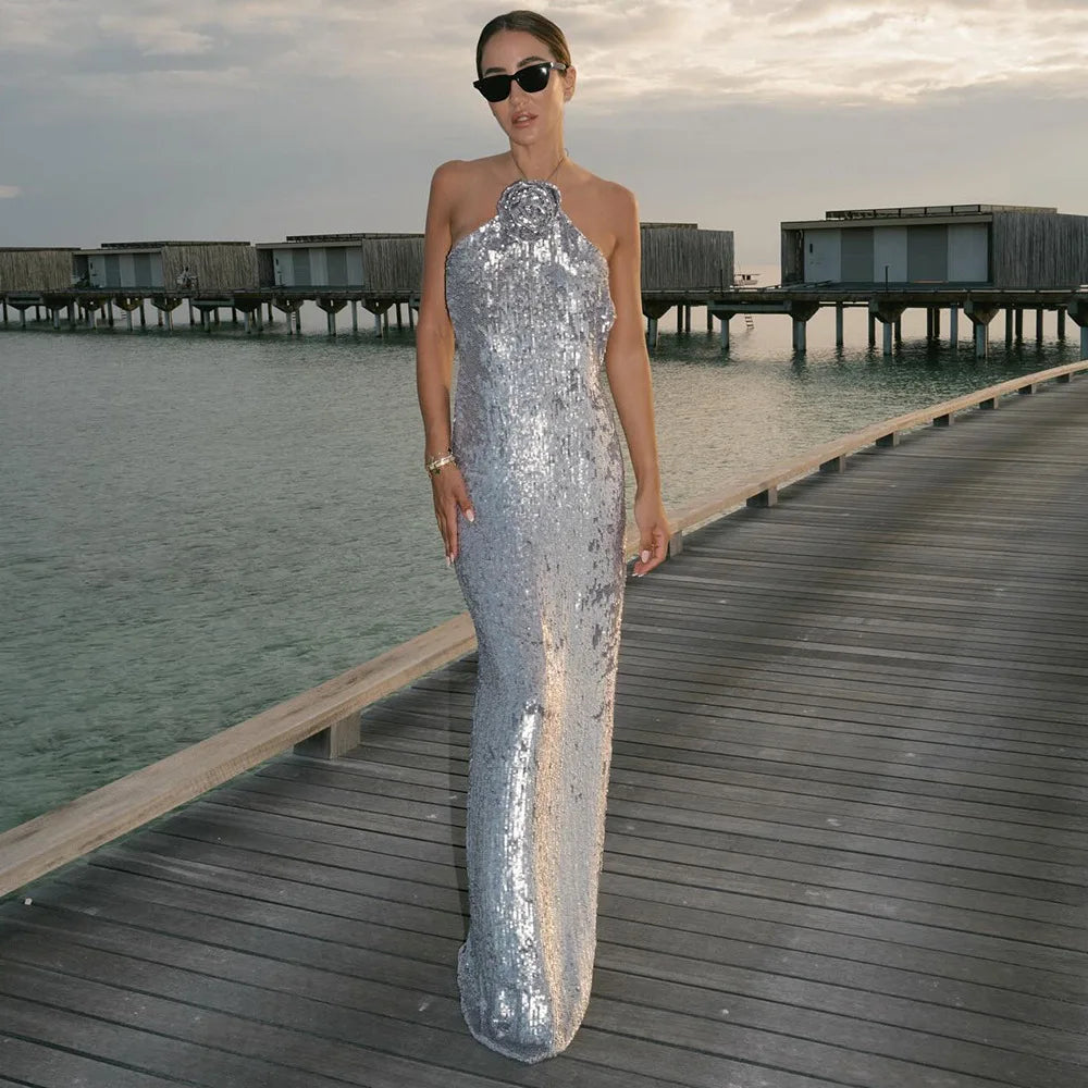 Silver Sequin Backless Evening Party Dress image 1