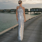 Silver Sequin Backless Evening Party Dress image 1