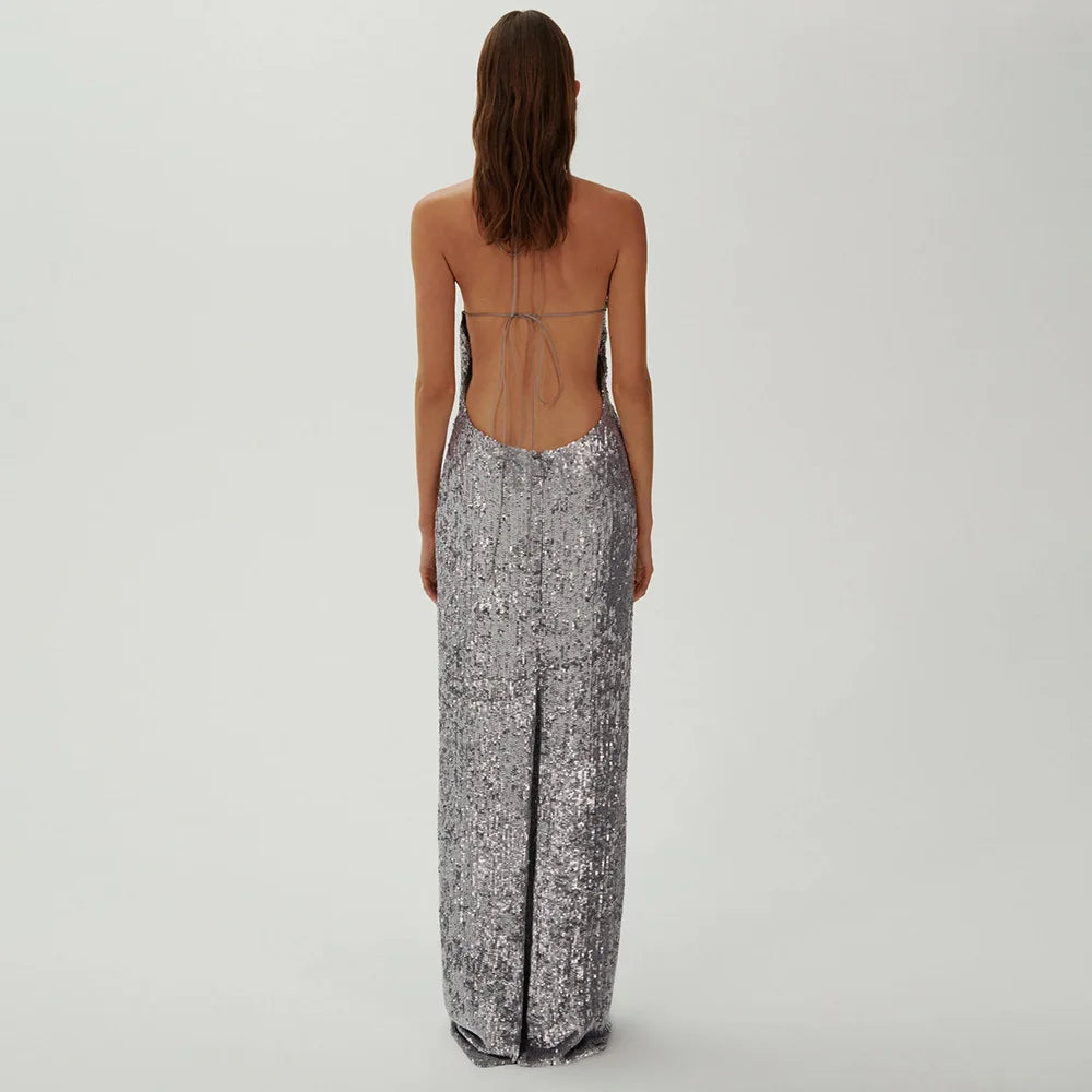Silver Sequin Backless Evening Party Dress image 3