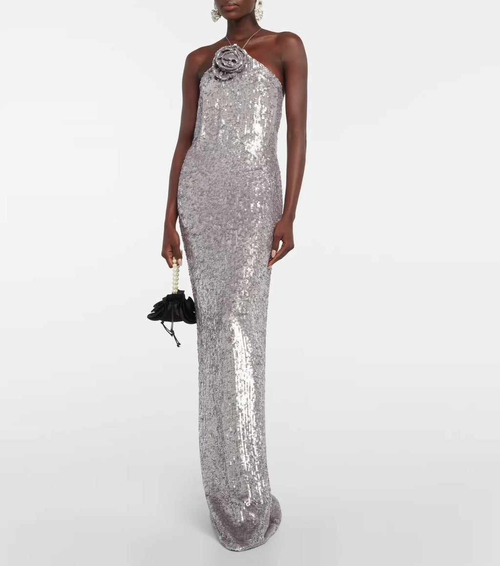 Silver Sequin Backless Evening Party Dress image 5