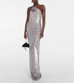 Silver Sequin Backless Evening Party Dress image 5