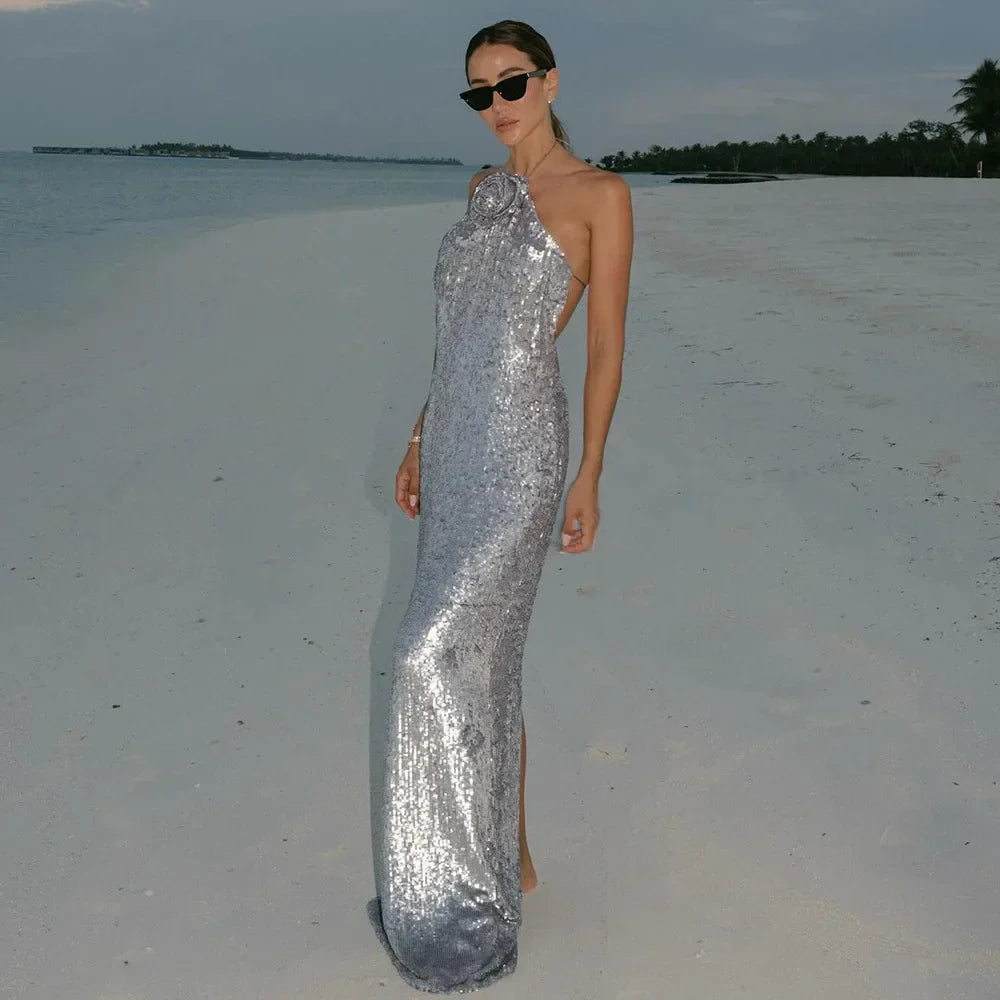 Silver Sequin Backless Evening Party Dress image 2
