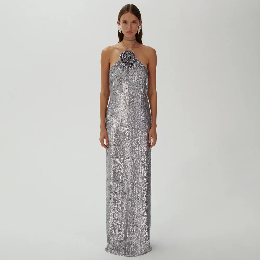 Silver Sequin Backless Evening Party Dress image 4