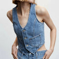 Denim Button V-Neck Crop Top image 1