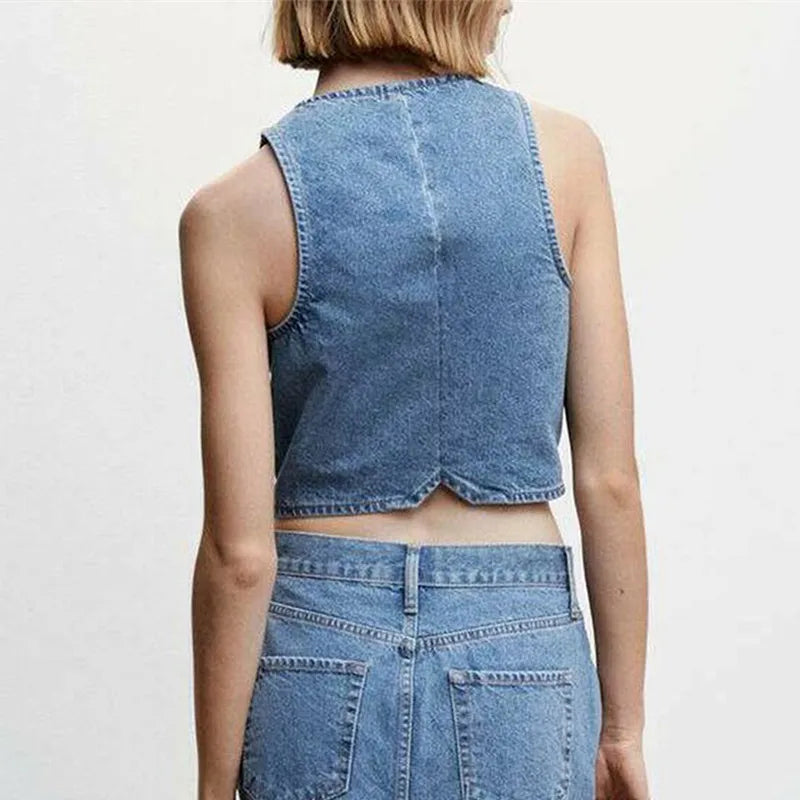 Denim Button V-Neck Crop Top image 4