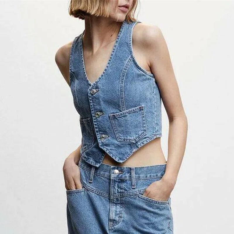 Denim Button V-Neck Crop Top image 2