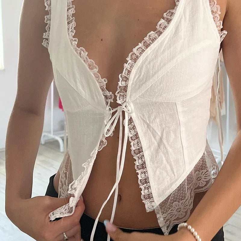 Lace Tie-Up Navel Crop Top image 4