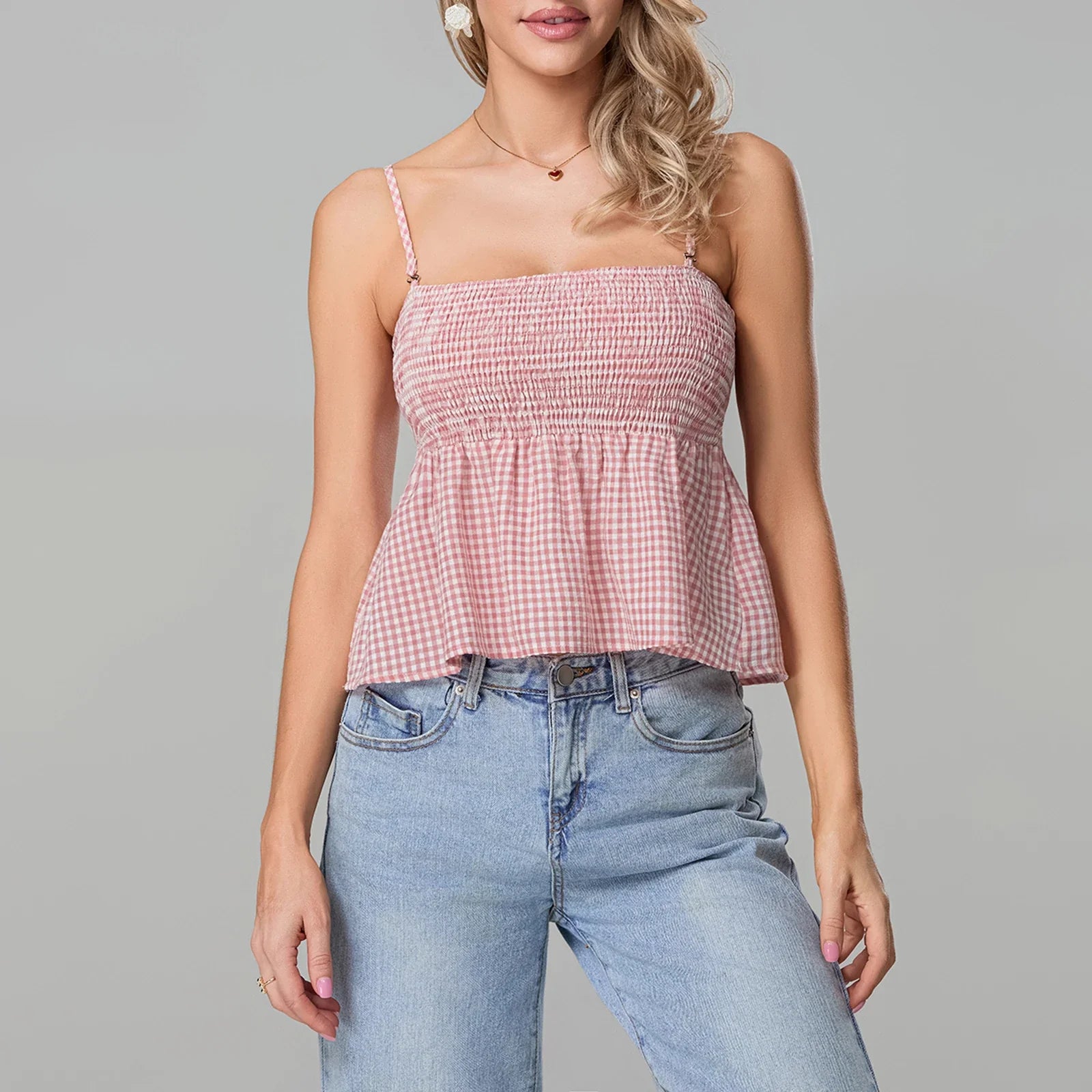 Smocked Gingham Peplum Crop Top image 5