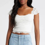 Lace Trim Short Sleeve Crop Top image 5