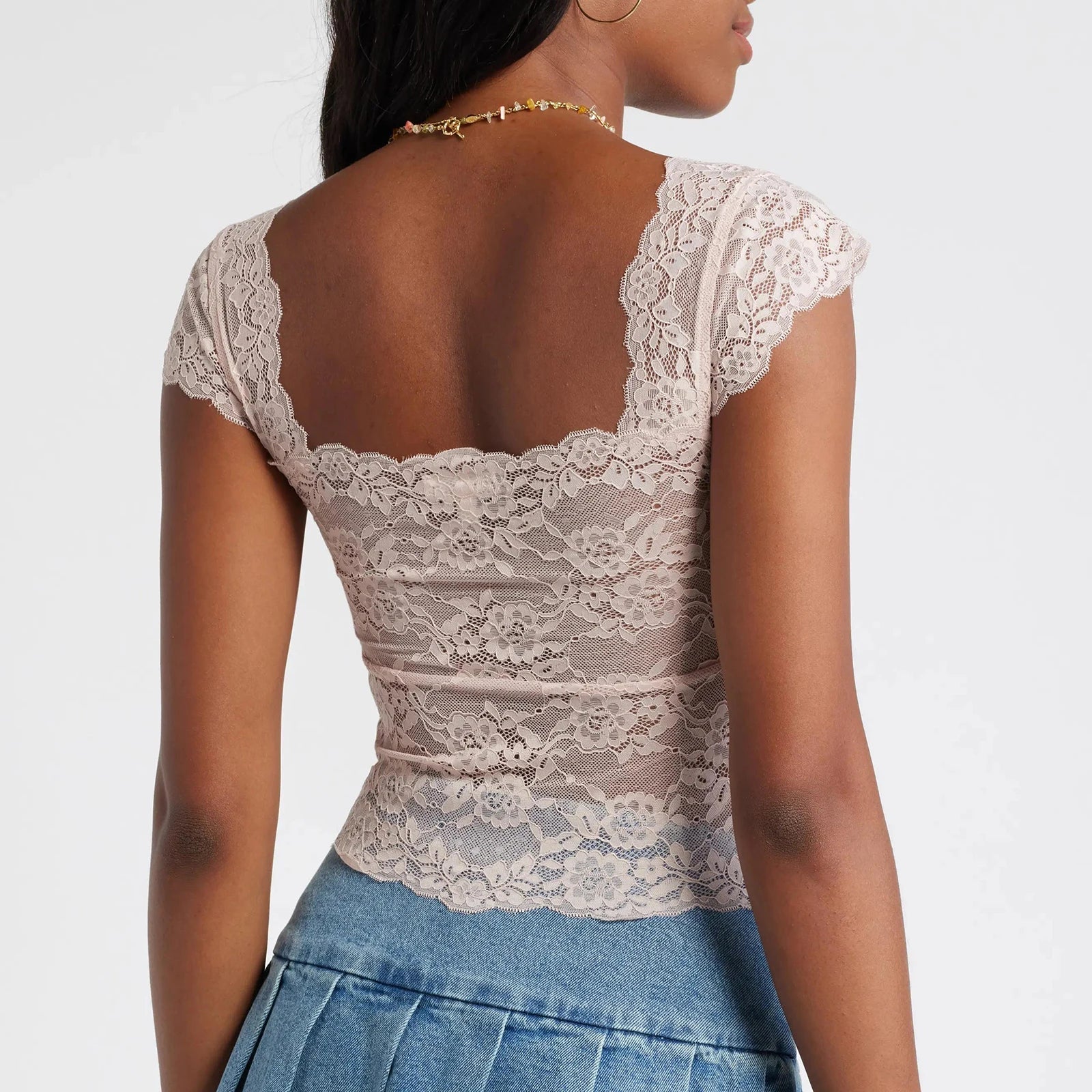 Lace Trim Short Sleeve Crop Top image 4