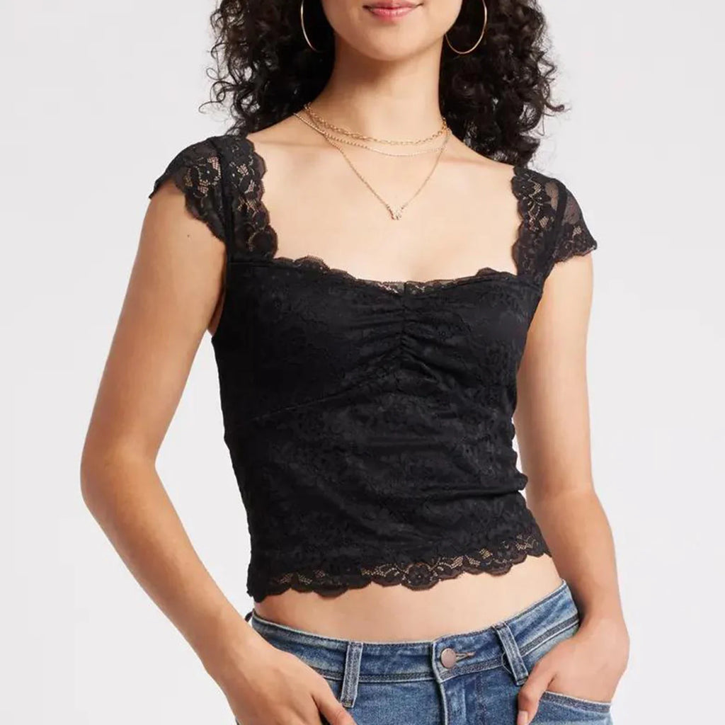 Lace Trim Short Sleeve Crop Top image 1