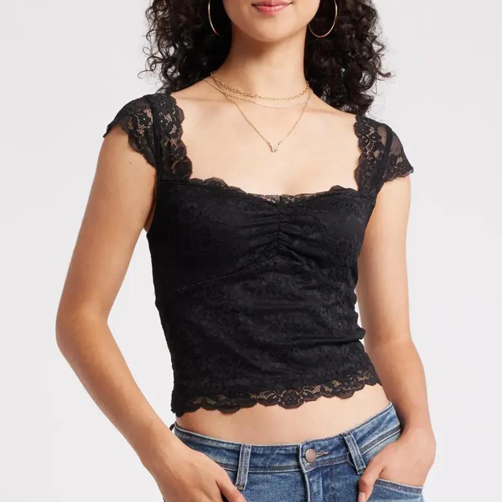 Lace Trim Short Sleeve Crop Top image 1