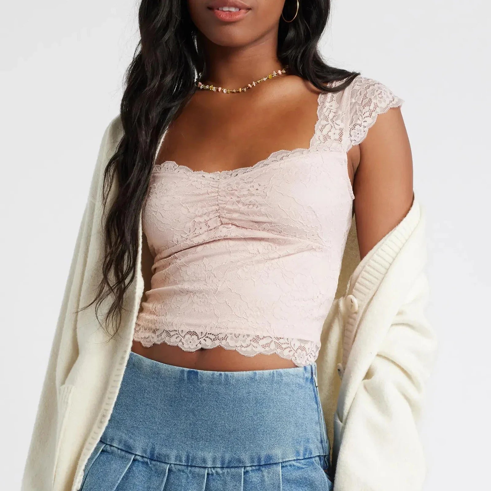 Lace Trim Short Sleeve Crop Top image 3