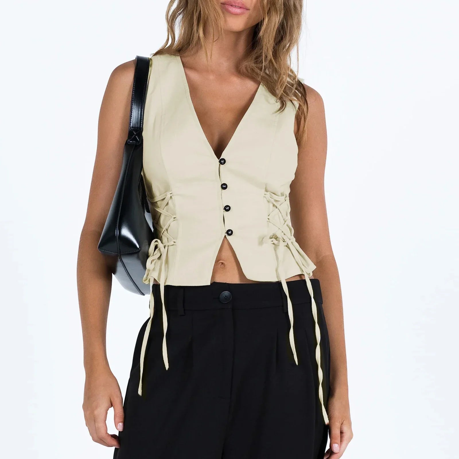 Denim Button V-Neck Crop Top image 4
