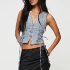 Denim Button V-Neck Crop Top image 6