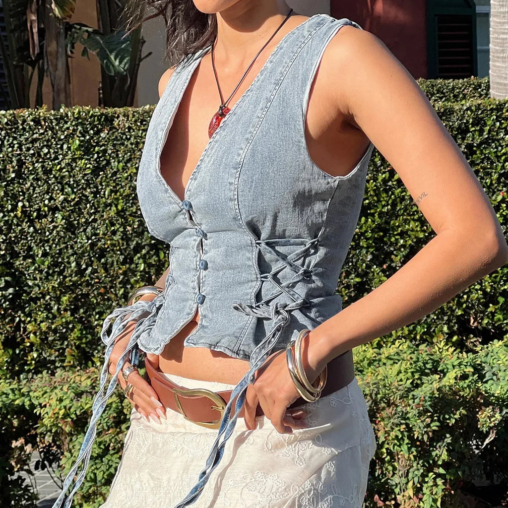 Denim Button V-Neck Crop Top image 5