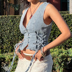 Denim Button V-Neck Crop Top image 5
