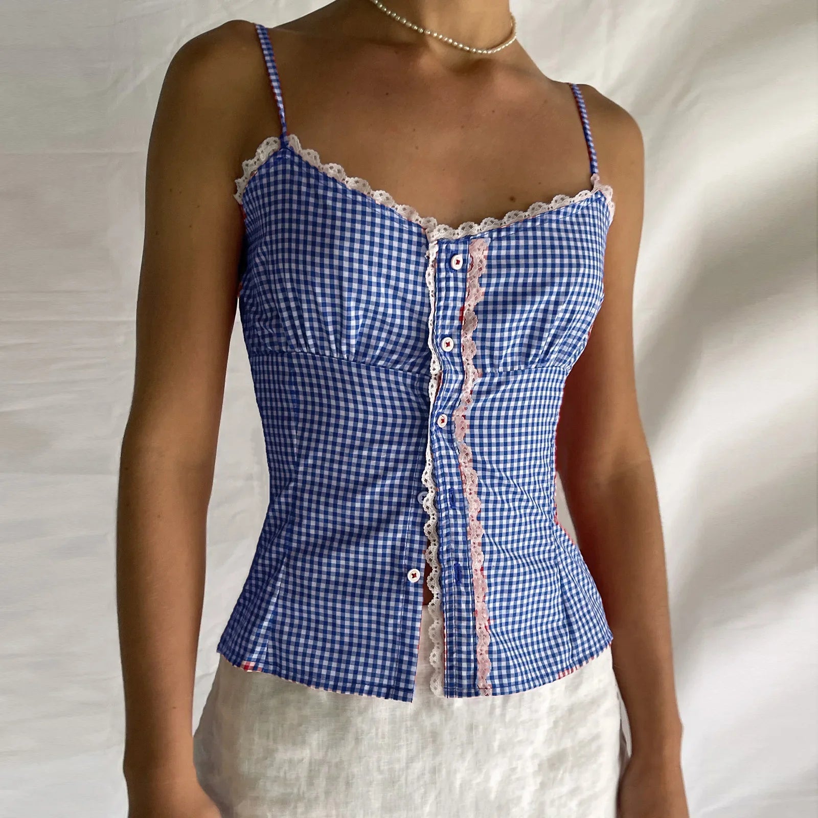 Gingham Checkered Lace Crop Top image 5