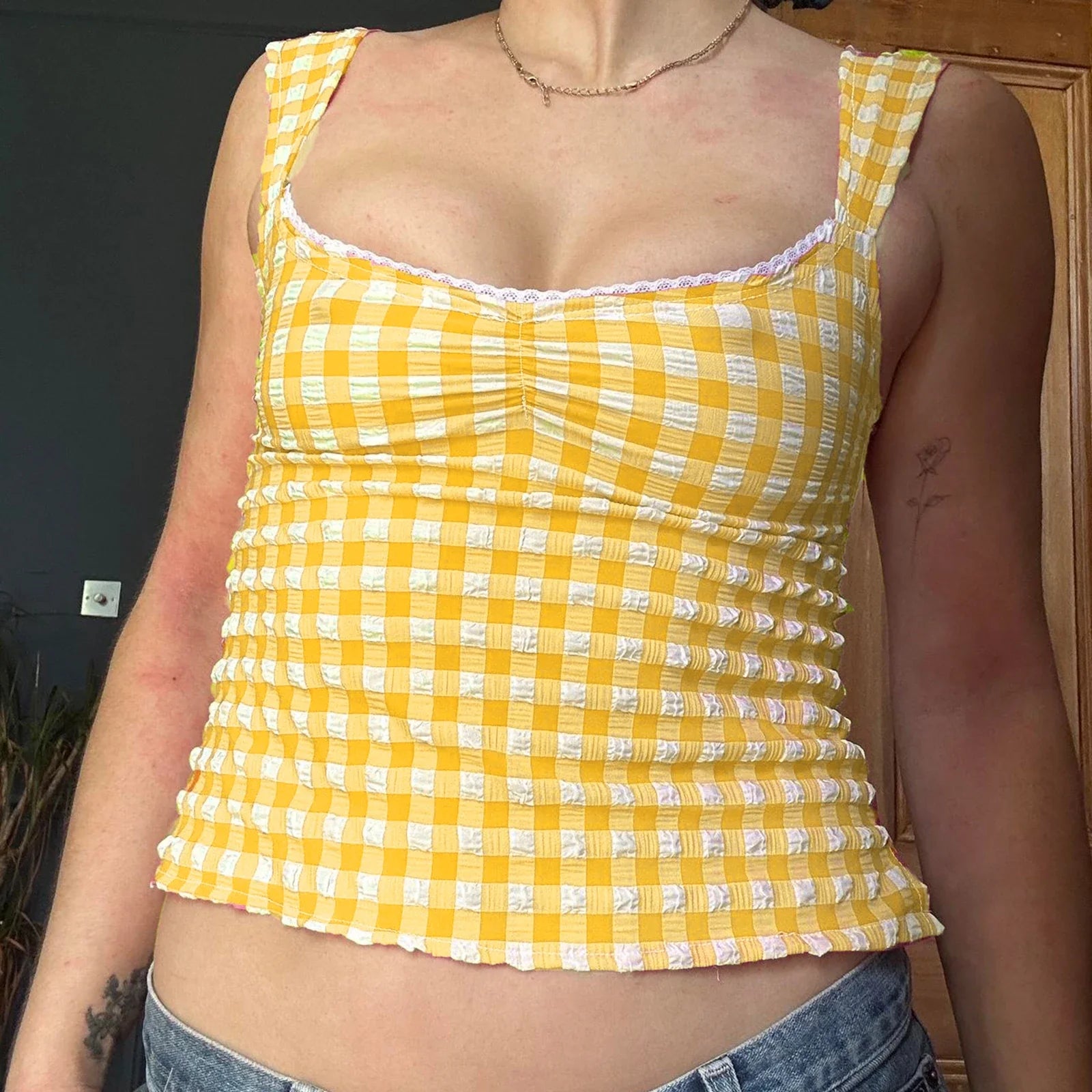 Checkered Lace Square Crop Top image 5