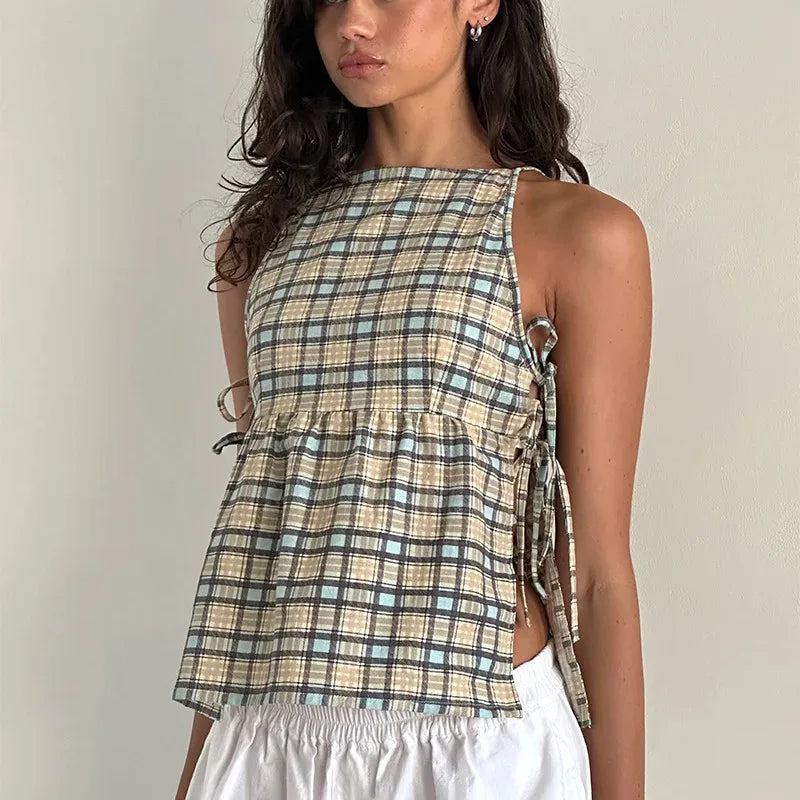 Tie-Up Peplum Plaid Crop Top image 1