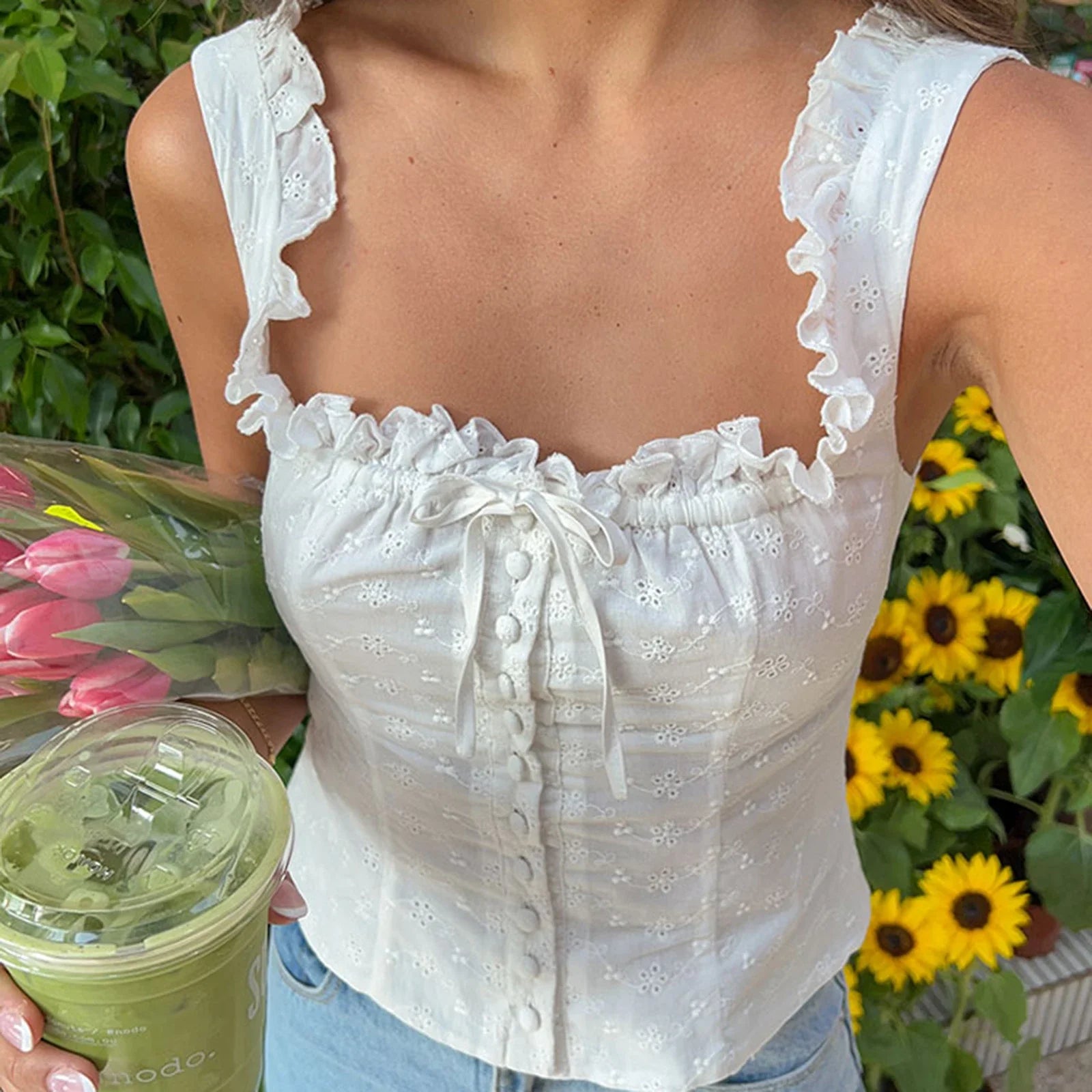 Hollow Eyelet Bow Crop Top image 1