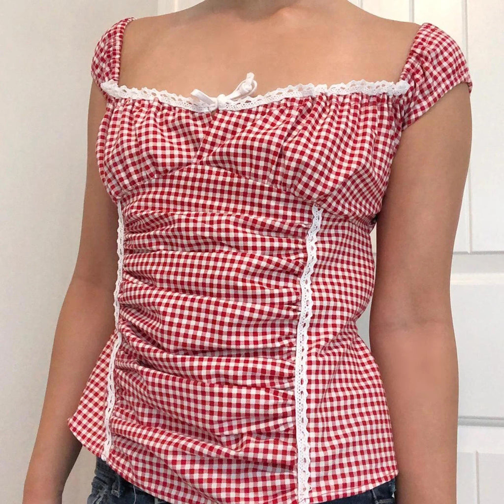 Red Gingham Ruffled Crop Top image 1