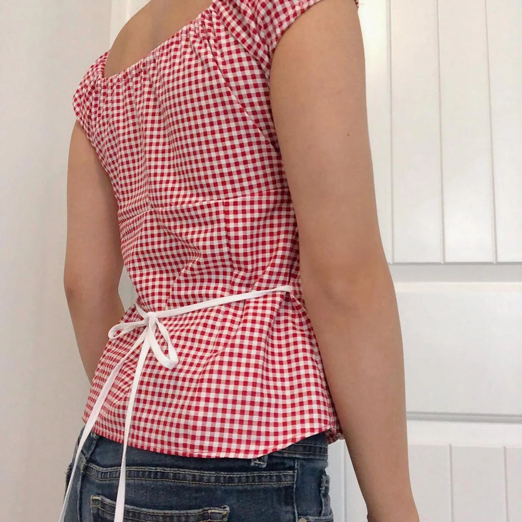 Red Gingham Ruffled Crop Top image 4