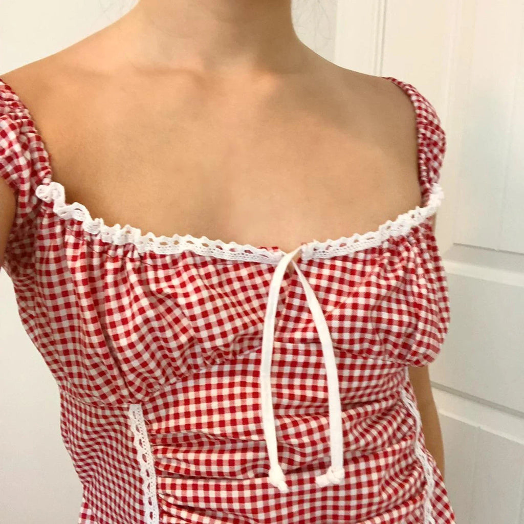 Red Gingham Ruffled Crop Top image 5