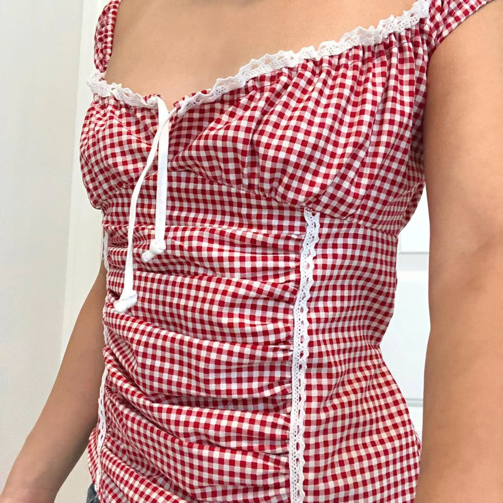 Red Gingham Ruffled Crop Top image 3