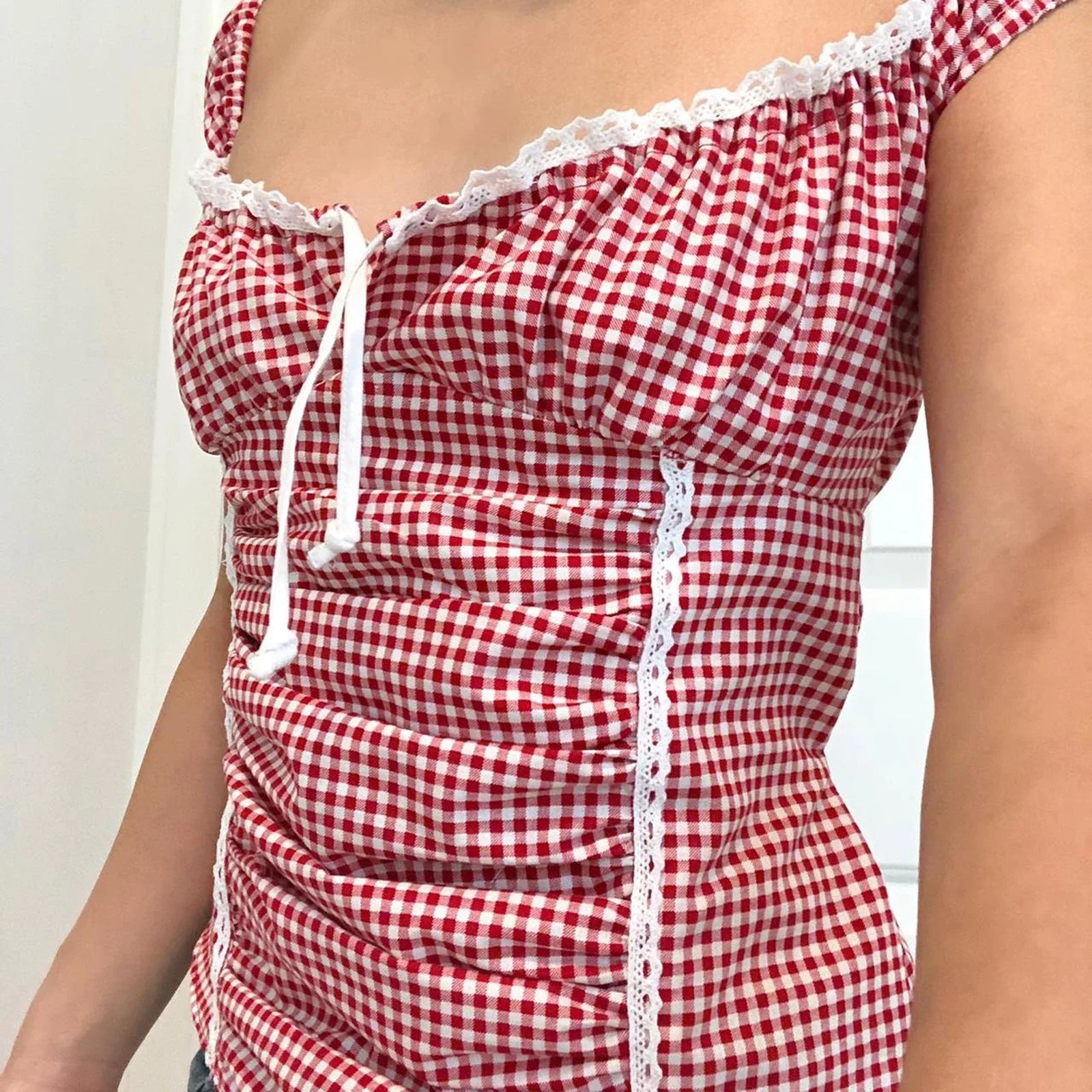 Red Gingham Ruffled Crop Top image 3