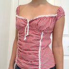 Red Gingham Ruffled Crop Top image 2