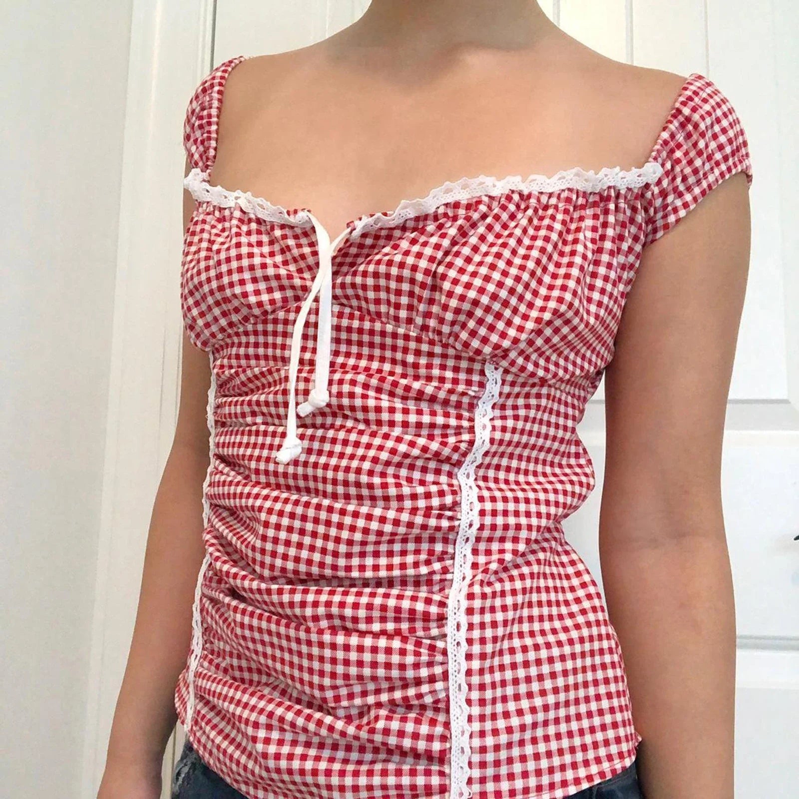 Red Gingham Ruffled Crop Top image 2