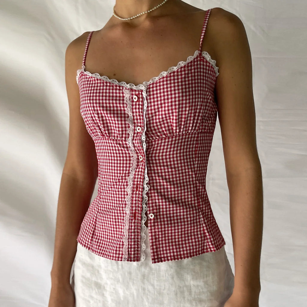 Sweetheart Plaid Button Crop Top image 1