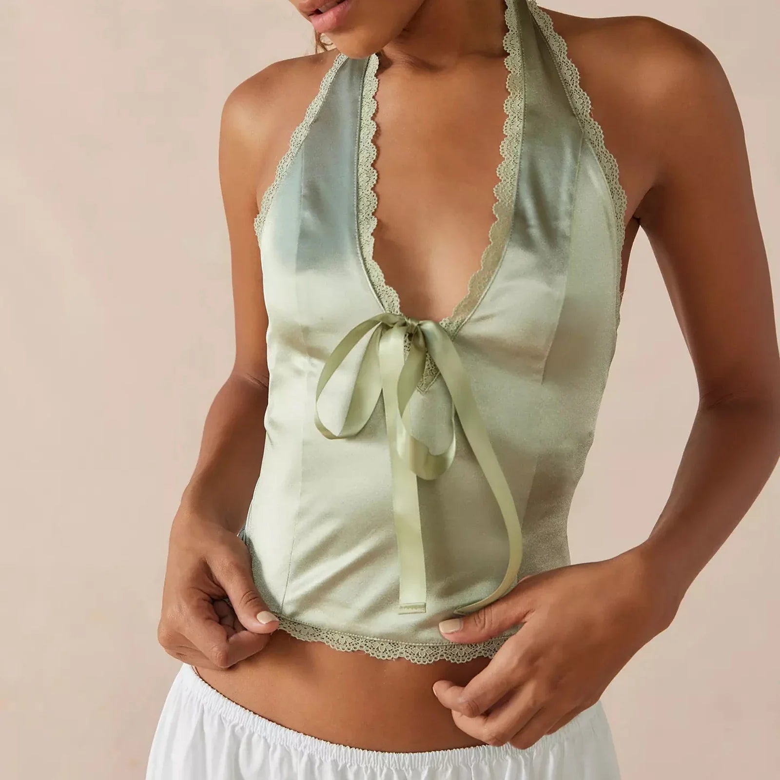 Satin Bowknot V-Neck Crop Top image 1